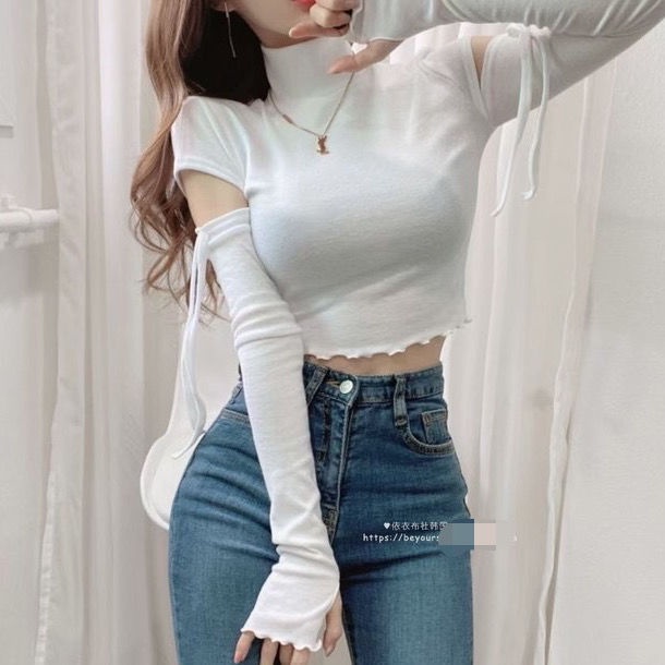 Suhao Klein Blue White Western Punching Arms Machine Legging Turtleneck T-Shirt Warm Wave-Rimmed Short Top