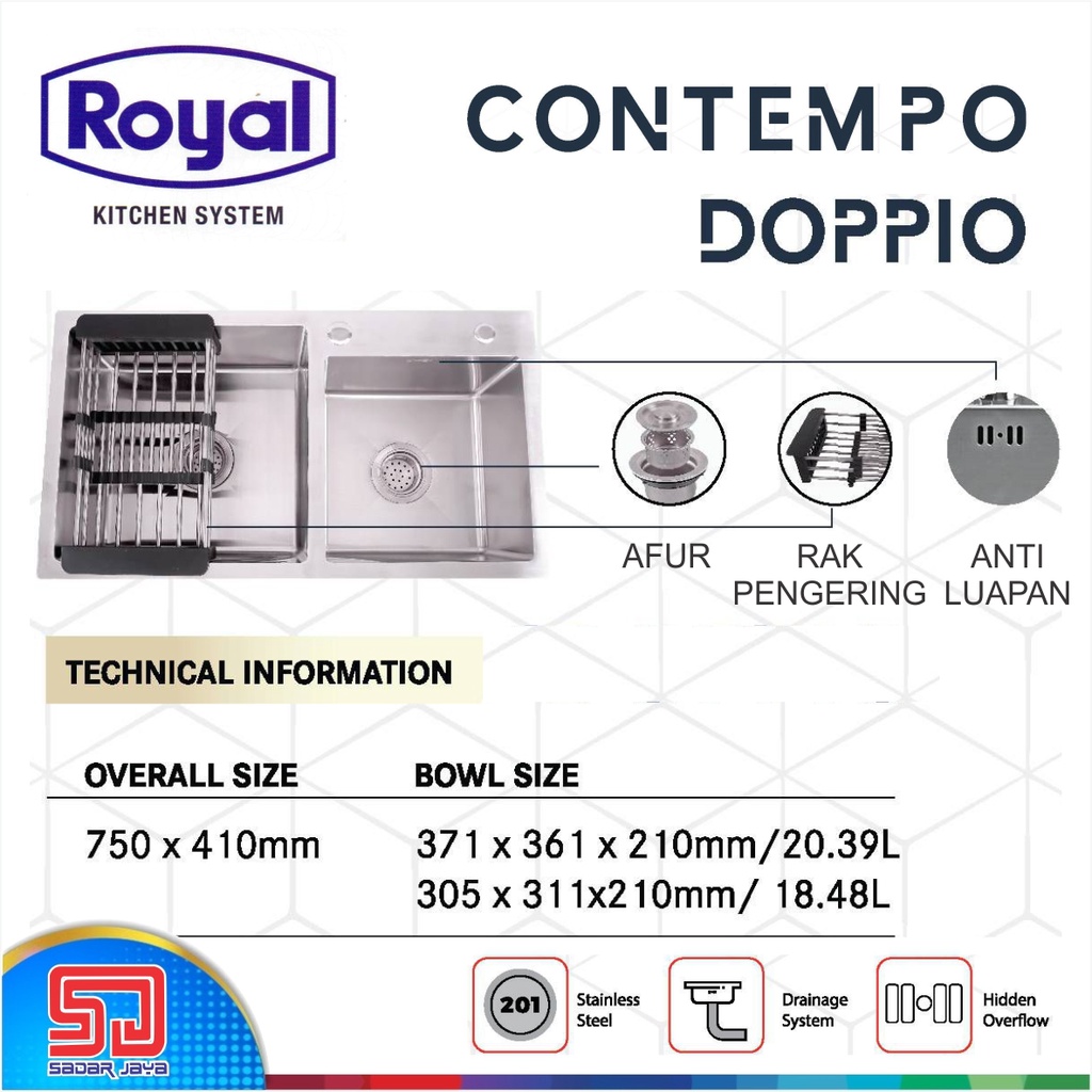 Royal Kitchen Sink Contempo Doppio Wastafel 2 Bowl Bak Cucian Piring Tebal 2mm Lubang Double