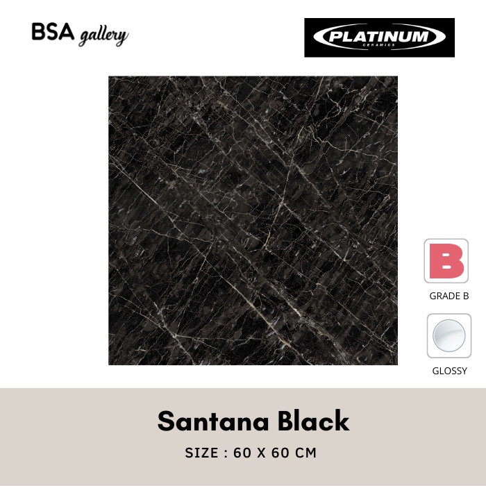 KERAMIK LANTAI PLATINUM 60X60 SANTANA BLACK MOTIF MARMER HITAM MURAH