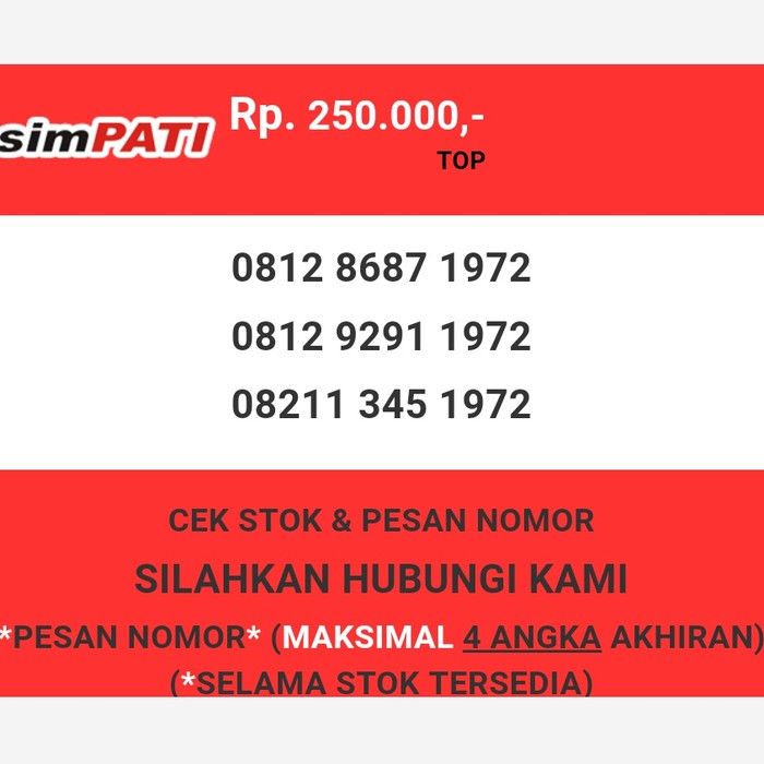 Nomor cantik Telkomsel murah tahun lahir 1972 simpati & loop T0888-250