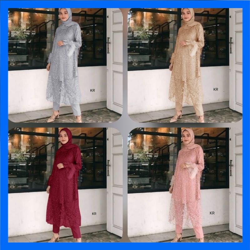 PAKAIAN WANITA SETELAN SET SHALOM TUNIK BRUKAT DAN CELANA MOSCREPE