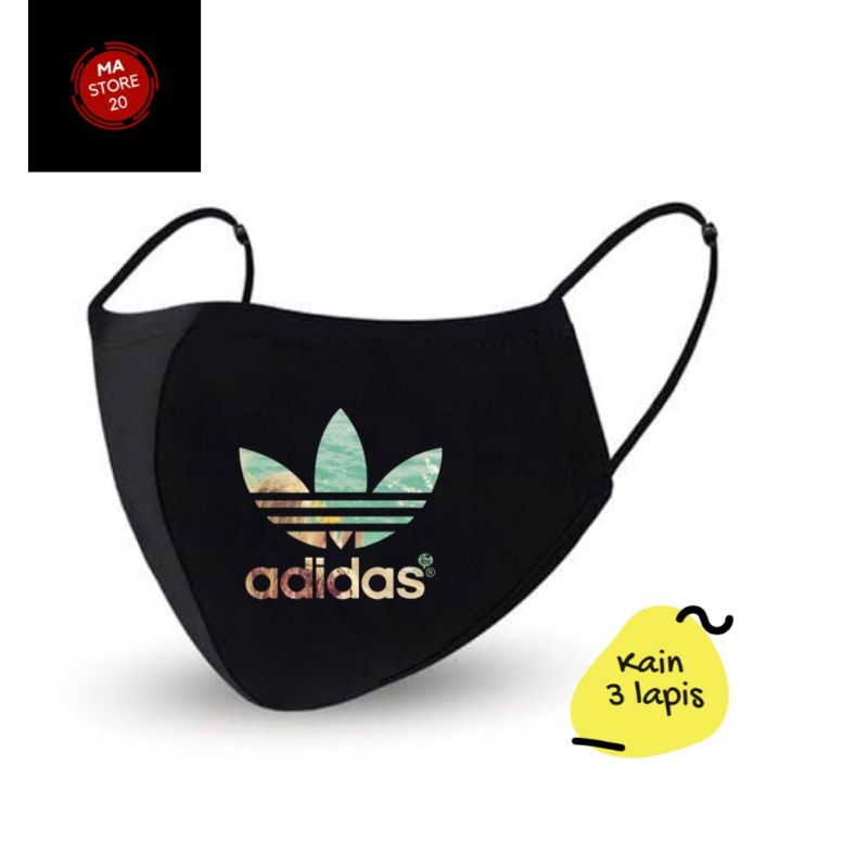 Masker kain 3 PLY logo ADIDAS - kain 3 lapis / scuba Earloop Hitam masker anak dewasa pria wanita