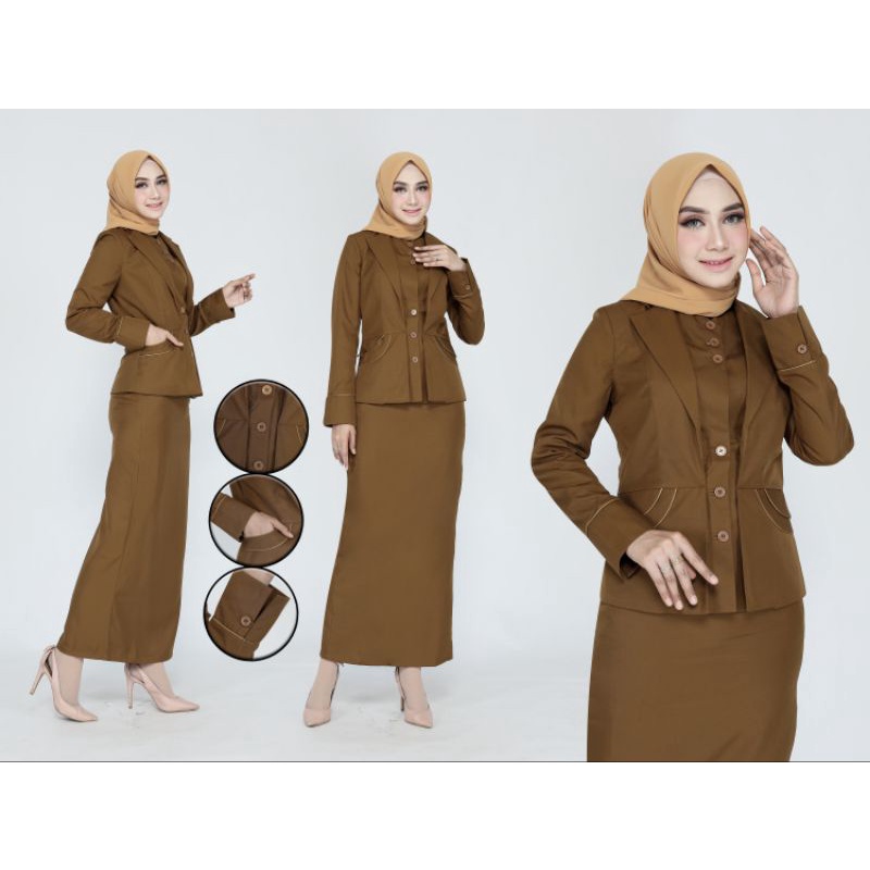 SERAGAM PEMDA COKLAT/ BAJU SERAGAM PNS/BAJU KERJA WARNA PEMDA COKLAT BAHAN KATUN MODEL ROMPI BARU ROK SPAN/ROKA /CELANA PANJANG FREE HIJAB