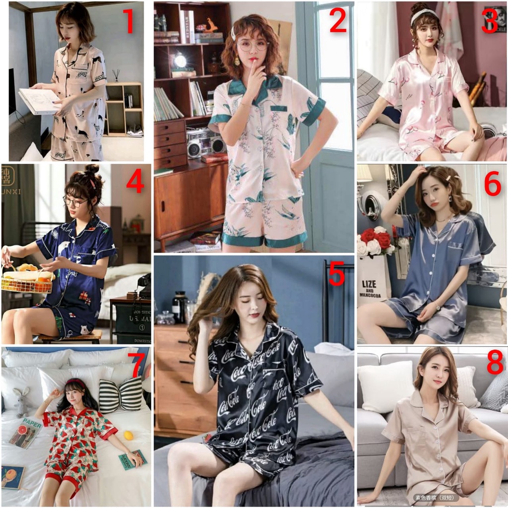 Baju tidur piyama satin lengan pendek celana pendek import