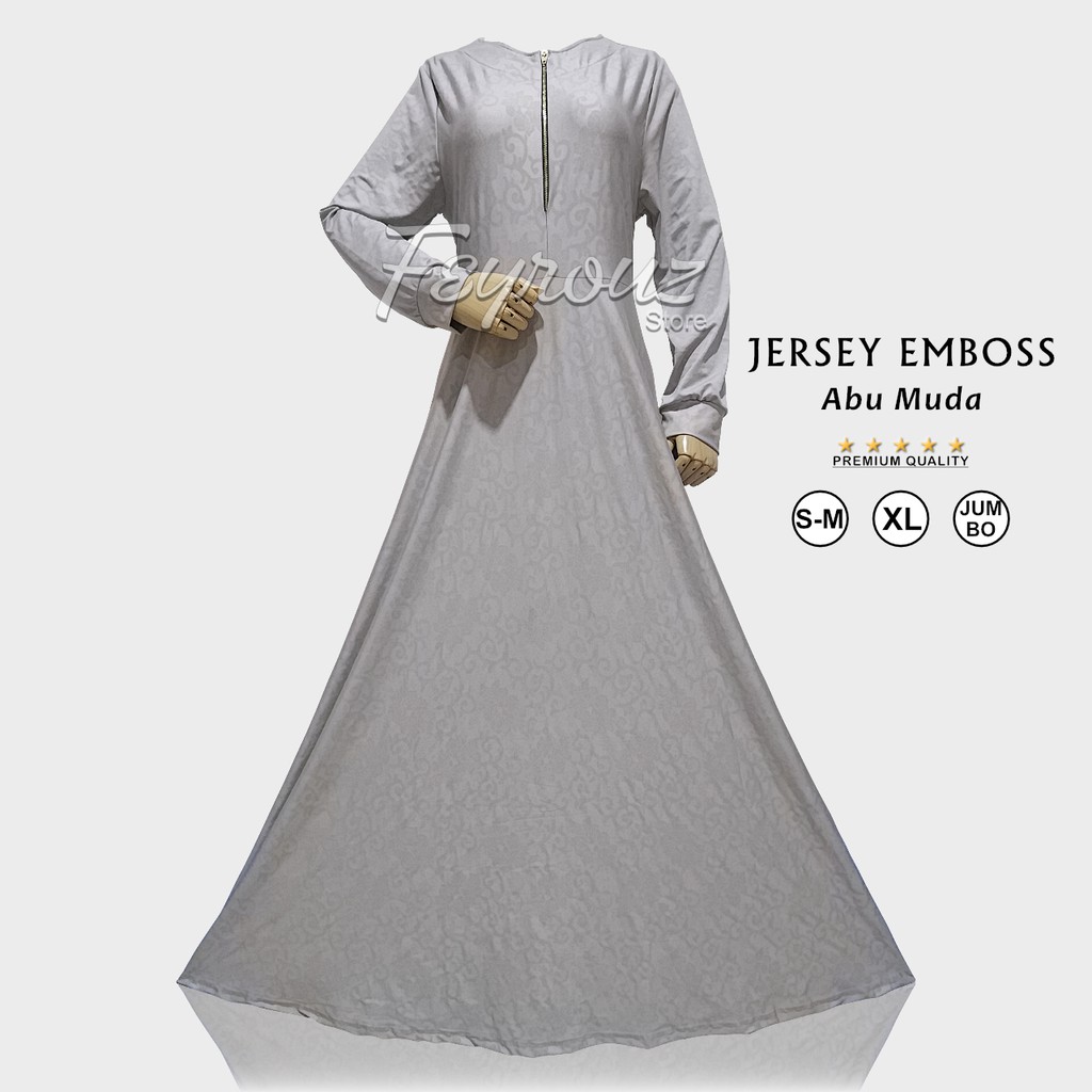 Gamis Dress Jersey Motif Emboss Relief Abu Muda SIlver Size M XL Jumbo