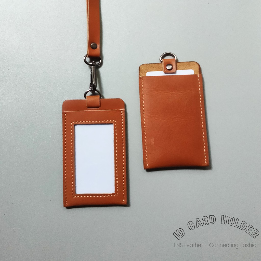 Name tag Kulit Asli ID CARD Holder Lanyard - TAN