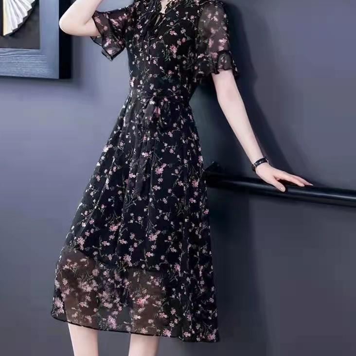 Serbuuuu.. 2022 baru gaun panjang sifon floral bottoming gaya Korea/korea dress