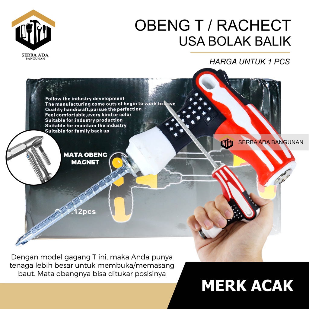 Obeng T Bolak Balik 2IN1 MOTIF AMERICA USA  Kombinasi Min Plus Screwdriver Multifungsi Magnet Karet