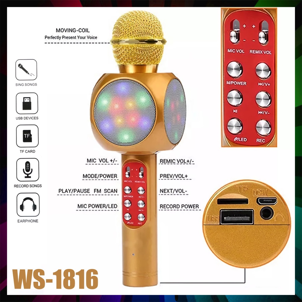 MIC KARAOKE WS1816 MICROPHONE WIRELESS BLUETOOTH WSTER WS-1816 MIC KARAOKE KTV LAMPU LED