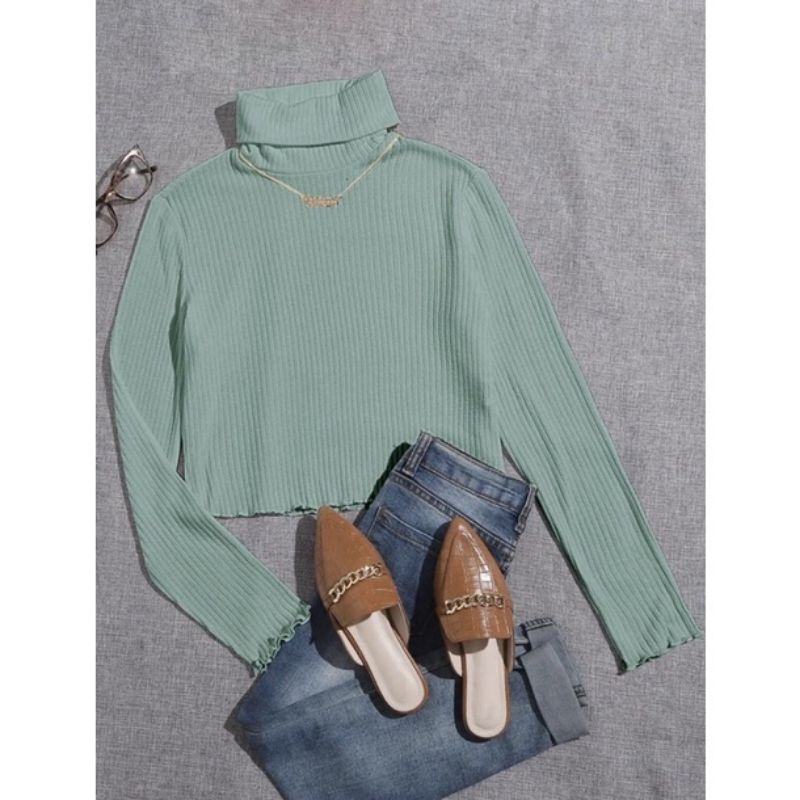Blouse Crop | Top Blouse Korea | Magnolia Top Blouse | Turtleneck Kriwil Rib | Atasan Kerah Tinggi |