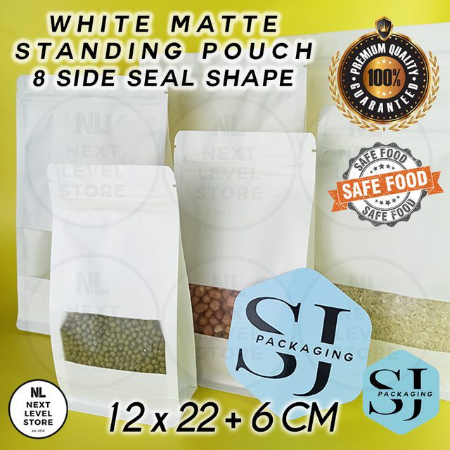 Standing Pouch 12x22+6cm White 8 Seal Shape Kraft Paper Ziplock