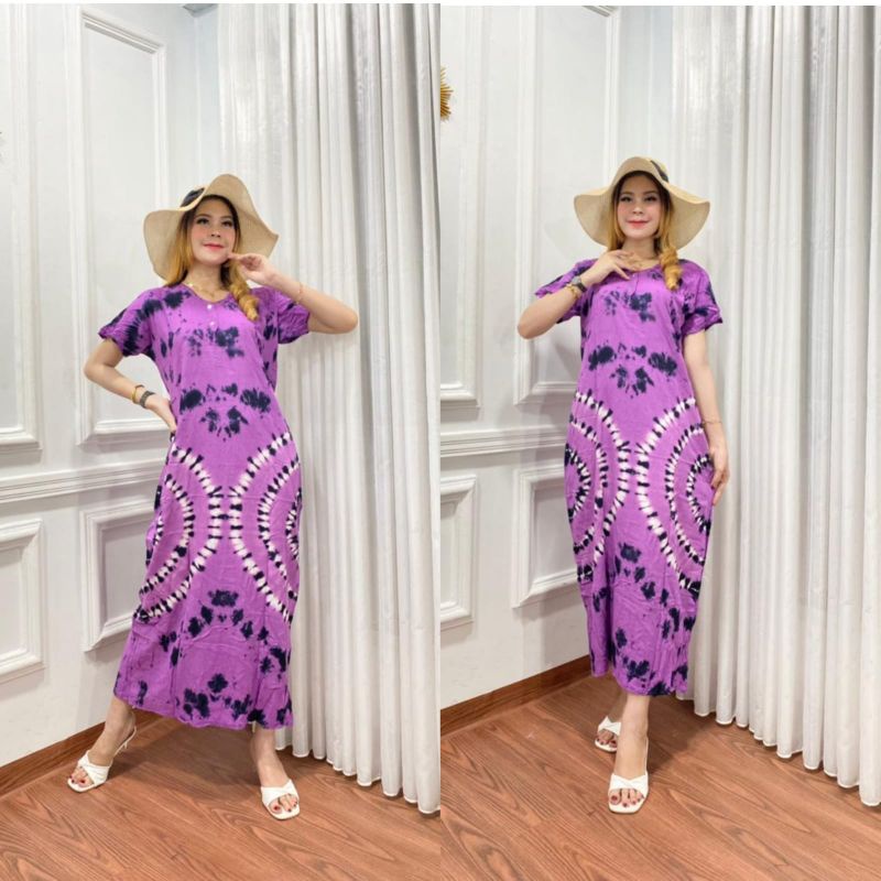 Daster panjang galaran kancing depan busui tali samping motif viral tiedye shibori-SK Cimori Ungu