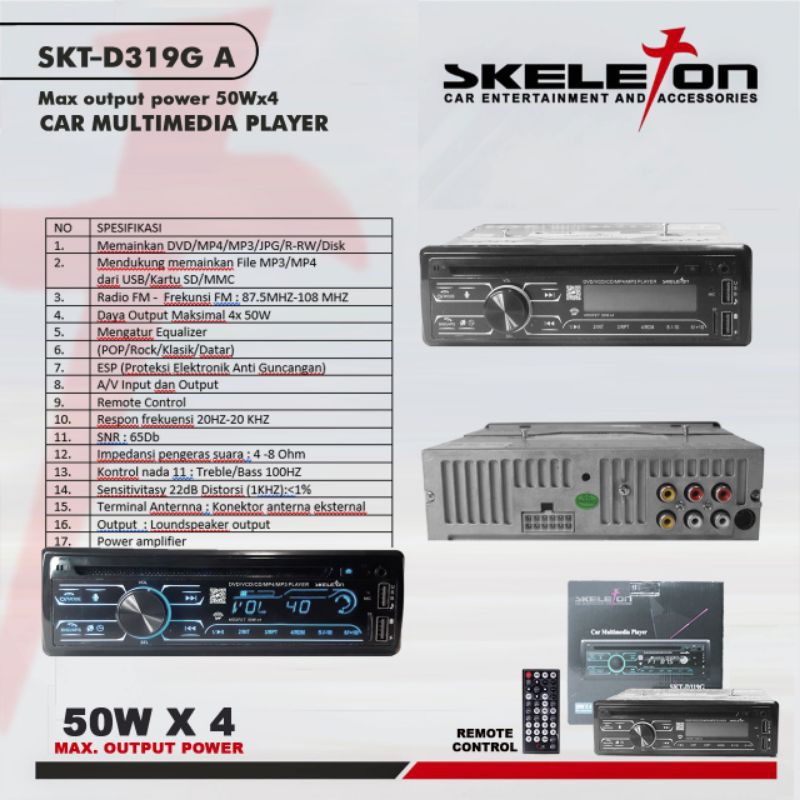 HEAD UNIT SINGLE DIN DVD BLUETOOTH SKELETON SKT-D319G A