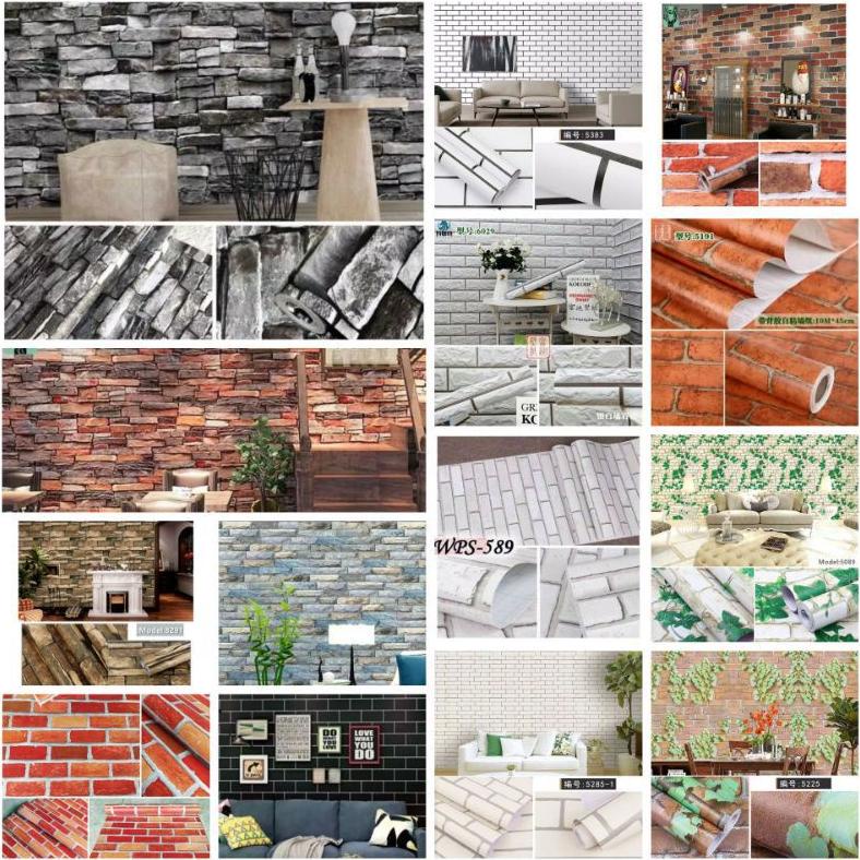 Terlaris Wallpaper Sticker Wallpaper Dinding Ruang Tamu Batu Bata 3D Putih Cream Abu Ungu Kuning Ora