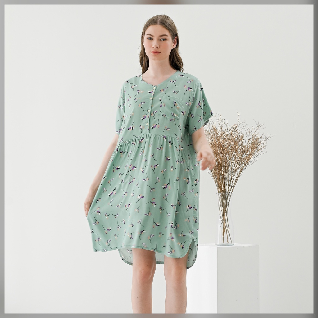 Julia Nightdress - Piyama / Daster Rayon Premium by RAHA Sleepwear-Green Leaves