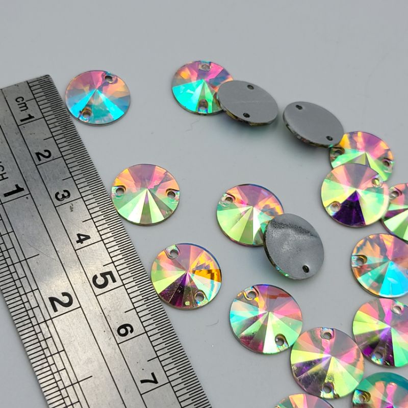 DIAMON RESIN KRISTAL MOTIF BULAT LANCIP UKURAN 14 MM WARNA PUTIH PELANGI AB KUALITAS BAGUS KILAU PER LUSIN