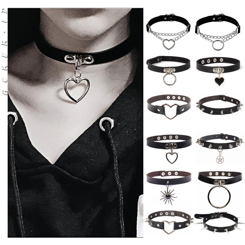 [ACKER] Harajuku Punk Rock Gothic Sexy PU Kulit Jantung Bulat Spike Rivet Kerah Kalung Kalung Tubuh 100% Perhiasan Buatan Tangan Hadiah Pesta