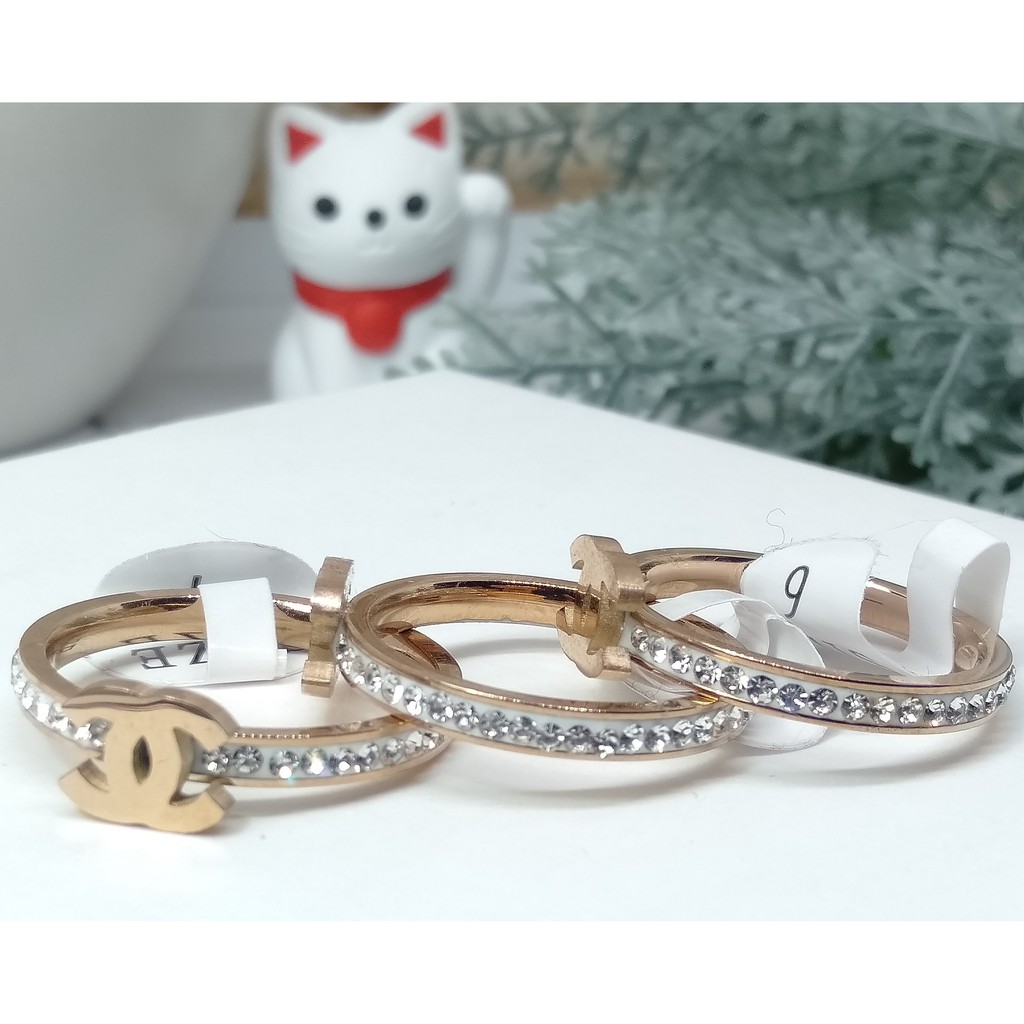 XMJ*SHOP - CINCIN WANITA TITANIUM 100% ASLI ANTI KARAT CHANEL FULL PERMATA RING TIPIS