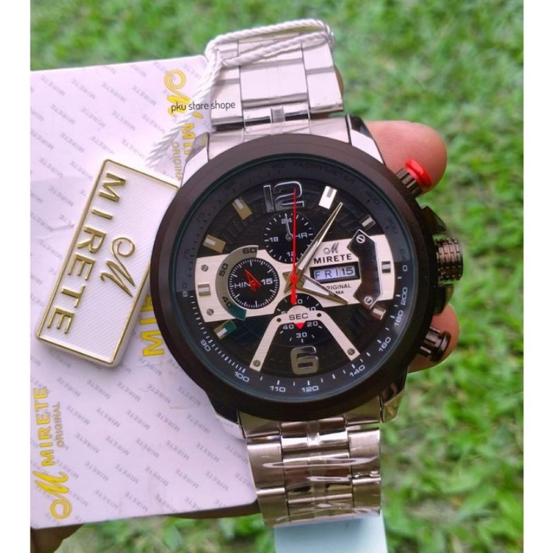 SPORTY MIRETE ORIGINAL SILVER PLAT HITAM TERBARU/JAM TANGAN KASUAL PRIA  TERMURAH TAHAN AIR  FITUR TANGGAL HARI/JAM TANGAN COWOK RANTAI STAINLIS STEL MIRETE ORIGINAL COD/JAM TANGAN IMPORT KEKINIAN DAN TERLARIS FREE BATRAI MIRETE M 97