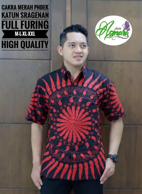 Batik Solo CAKRA MERAH Kemeja Pria Katun Halus Sragenan Full Furing