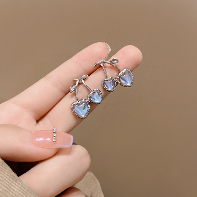 Anting Tusuk Bentuk Cherry Moonstone Bahan Alloy Lapis Silver Untuk Wanita