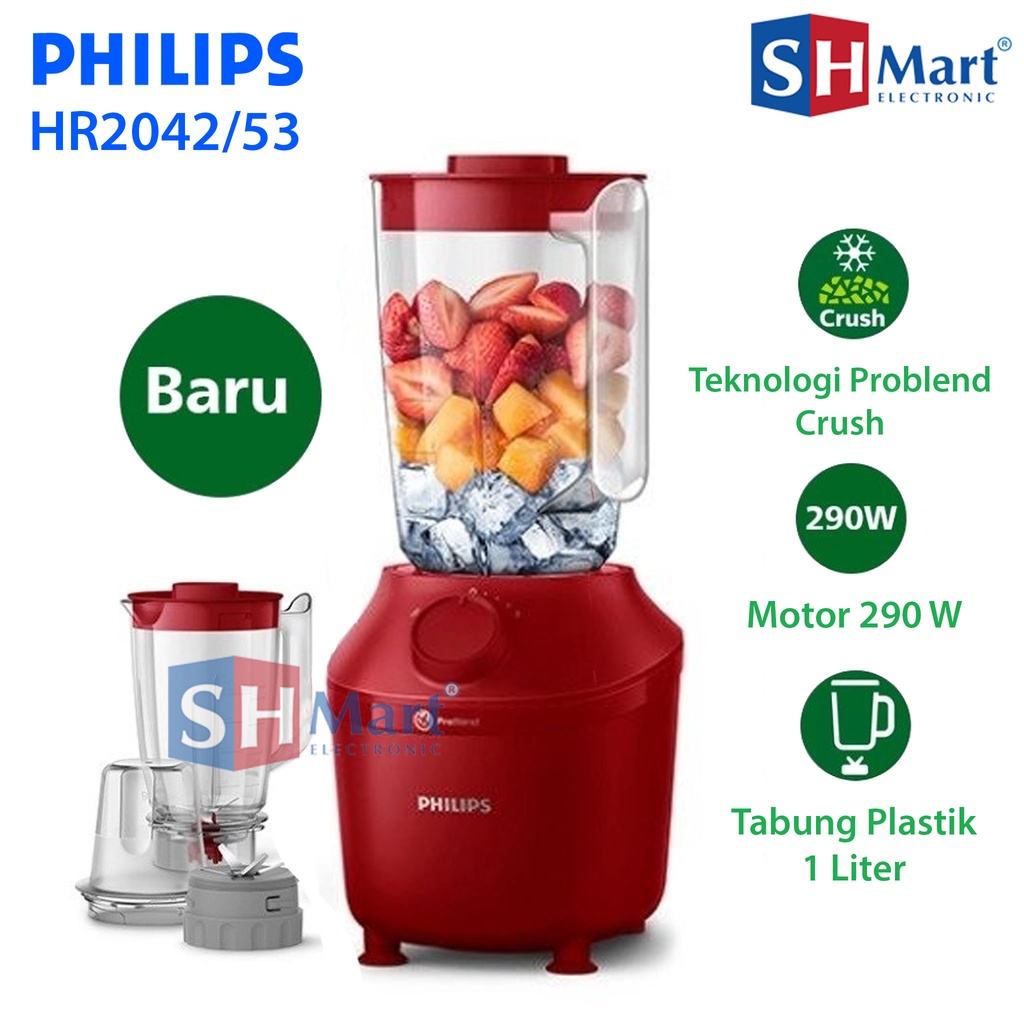 BLENDER PHILIPS PLASTIK KAPASITAS 1 LITER HR-2042 HR2042 HR2042/13 RED GARANSI RESMI