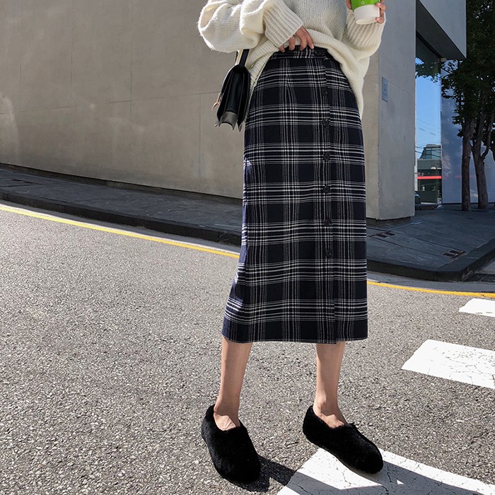 plaid a line midi skirt