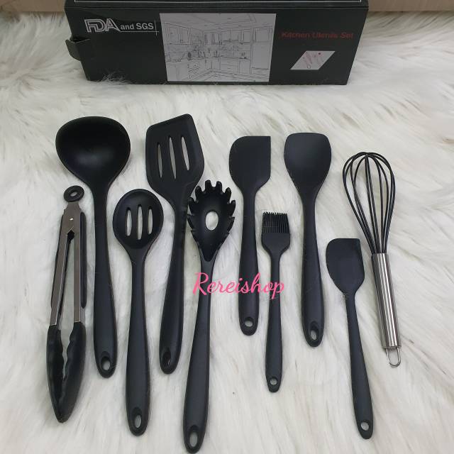 silicone kitchen cooking spatula utensil set 10 with holder / alat masak sutil spatula whisk tongs