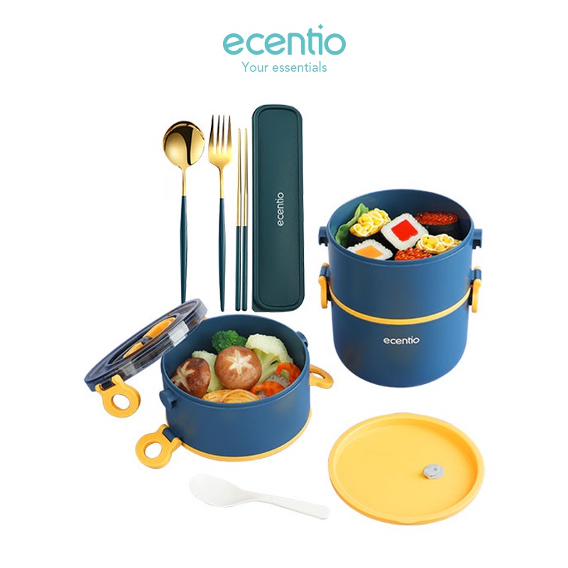 ecentio kotak makan lunch box set 2200ml 3 lapis anti bocor free sendok/botol/tas bekal/alat makan b