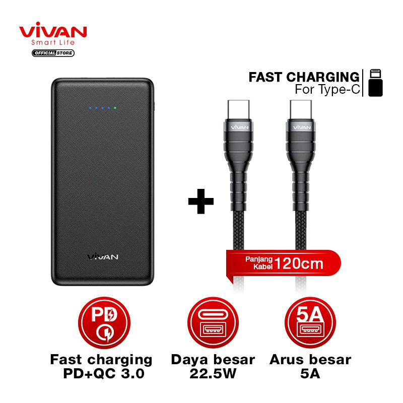 Powerbank VIVAN Original Power Bank 10000mah VPB-K10 mah Fast PD QC3.0 + Kabel Data Type C to Type C