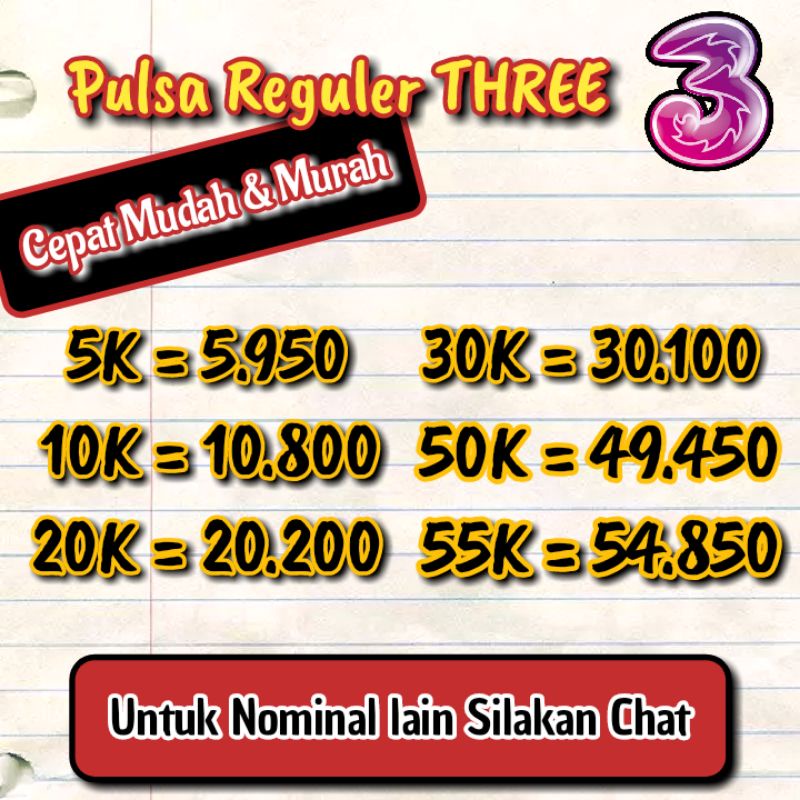 PROMO PULSA 3 THREE MURAH 5K 10K 20K 30K 50K 5000 10000 20000 30000 50000