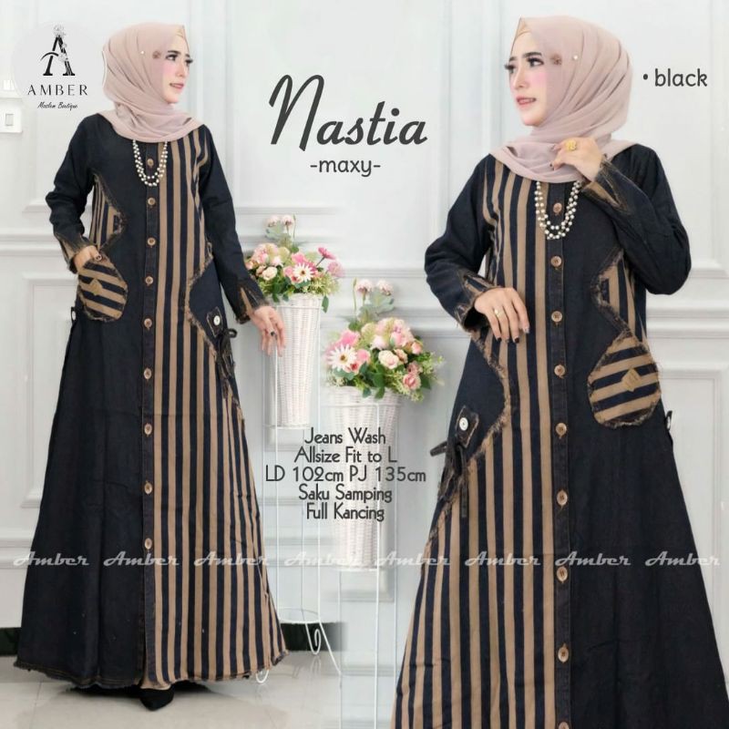 nastia gamis wanita jeans wash terbaru | gamis wanita motif garis | busana muslim | casual dress