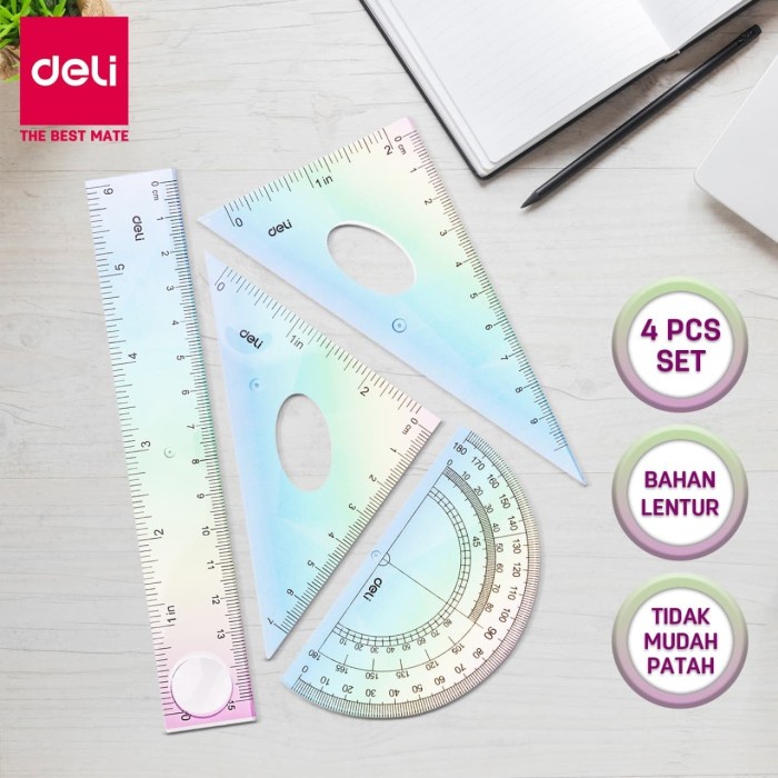 

Terlaris Deli Set Penggaris lentur 4PCS set (persegi , segita, dan busur) EH652