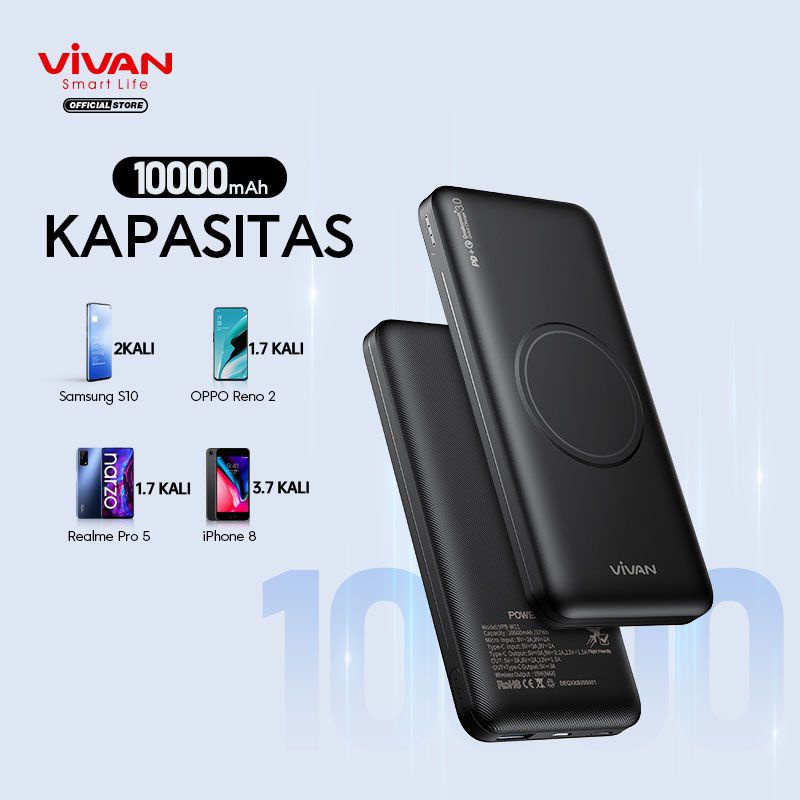BATAM GROSIR (IUUR) VIVAN Powerbank 10000 mAh VPB-W11 Wireless 3 Output Fast Charging 18W QC3.0 PD Support iPhone 13