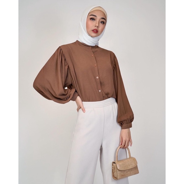 Puffy Crincle Blouse Wanita  / Blouse Salur Wanita / Blouse Kerja Wanita-PUFFY MOCCA