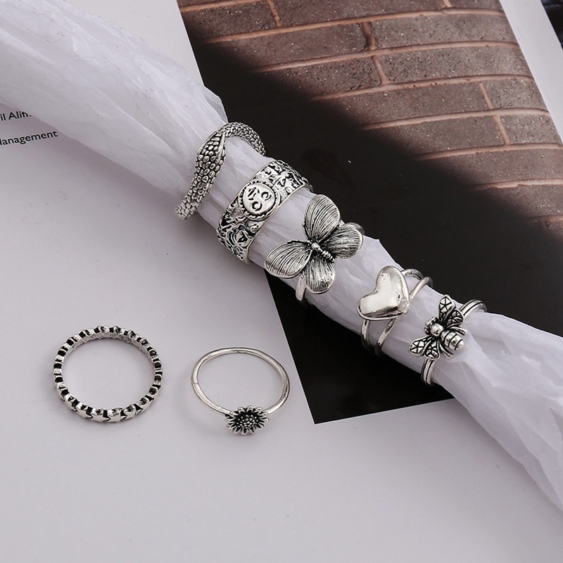 Fancyqube 7pcs / Set Cincin Jari Lapis Silver Desain Butterfly Yinyang Bee Warna Hitam Gaya Punk Gothic Retro Untuk Wanita