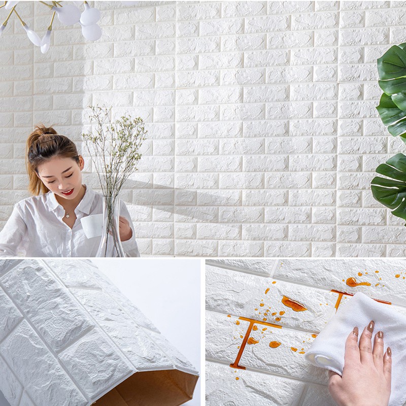 Wallpaper Dinding 3D Embossed Modern Foam Timbul Motif Batu Bata / Wall Sticker Dinding 3D Waterproof Brick / Wall Foam Dekorasi Dinding Kamar Rumah-BATA PUTIH
