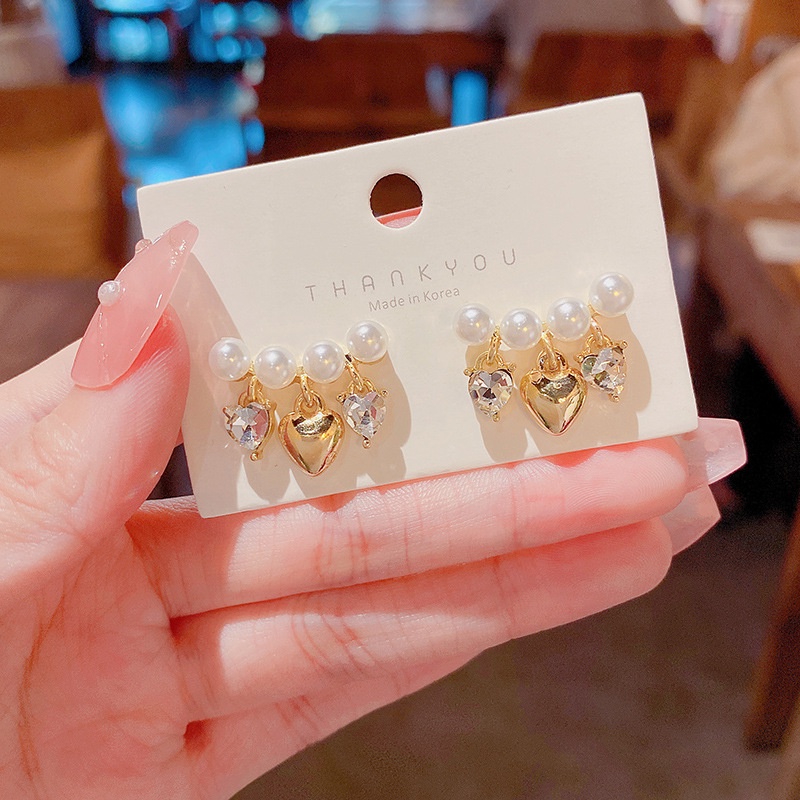 Anting Tusuk Sterling silver 925 Desain Hati Hias Mutiara + Berlian Imitasi Mewah Untuk Wanita