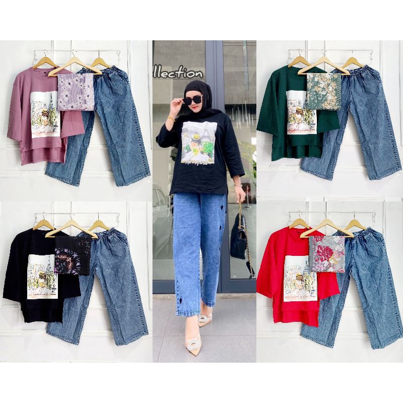 Set Kaos Combed Kulot Jeans Panjang//Set Kulot Jeans Oversize//Set Wanita