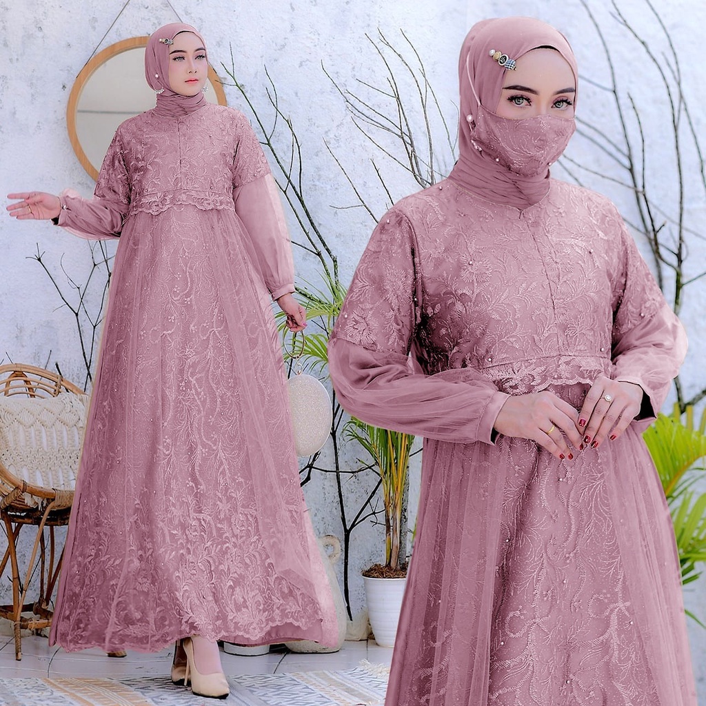 (New Free Masker Brukat)Selvia Brukat Tile Mutiara/ Size S-M, L , XL, XXL / Gamis Pesta /Maxi Dress Kondangan /Brokat Muslimah