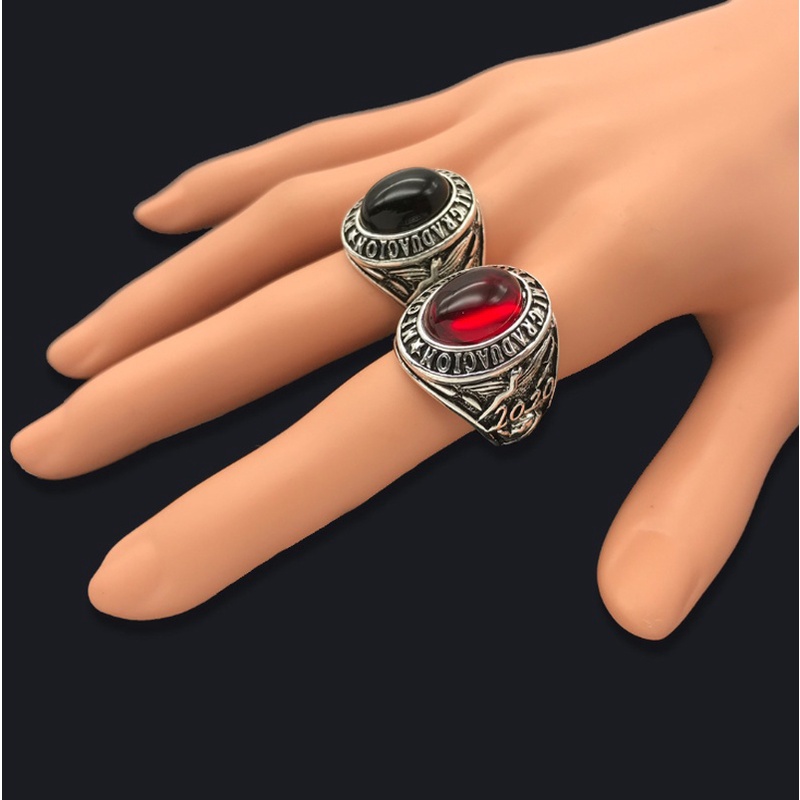 Cincin Batu Merah Raven Dan Wolf Never Fade Rune Bahan Stainless Steel Untuk Pria