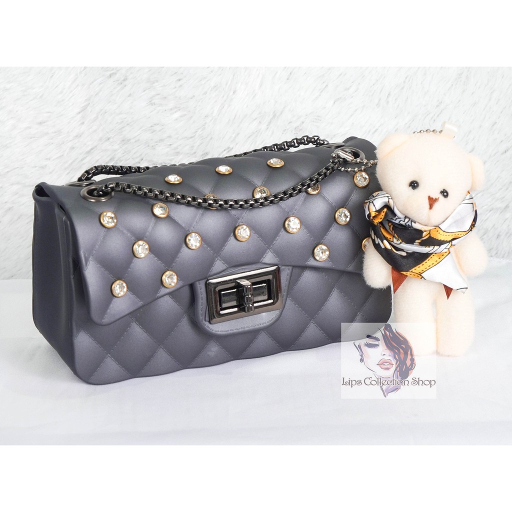 Tas Jelly Matte Kotak  Diamond Size 18 Cm Rantai Hitam (Gratis Boneka &amp; Syal)