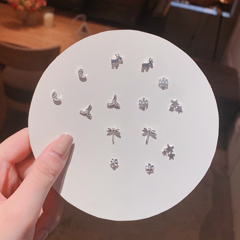 14 Pcs / Set Anting Stud S925 Silver Model Kupu-Kupu Hati Bola Mutiara Kotak-Kotak Hitam Putih Untuk Wanita