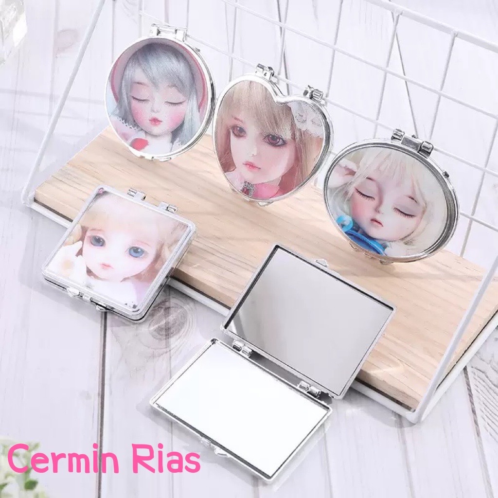 Cermin Saku Kaca Rias Makeup Lipat Double Slide Leather Small Round Mini Dua Sisi Portable