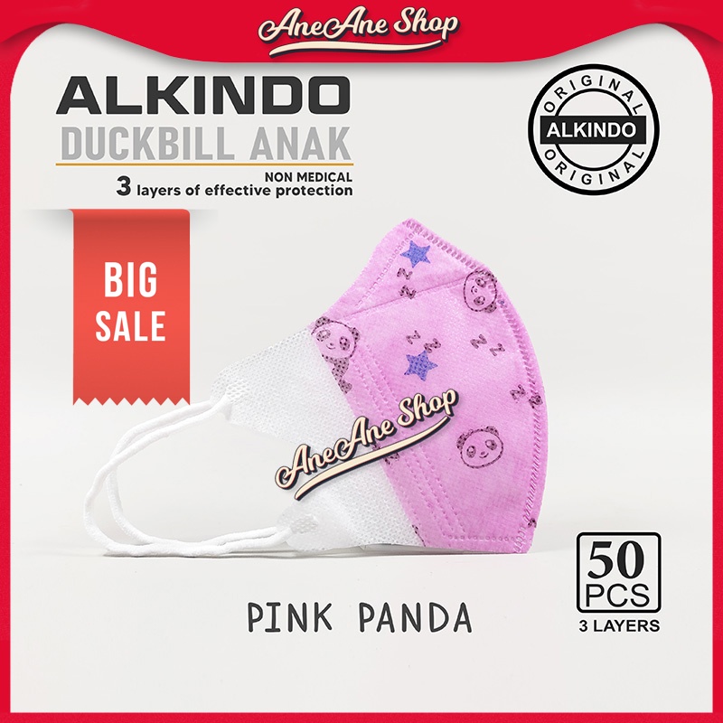 Masker Alkindo Duckbill Anak Motif Pink Panda 3ply isi 50 Masker Sekali Pakai 3 Ply Non Medis