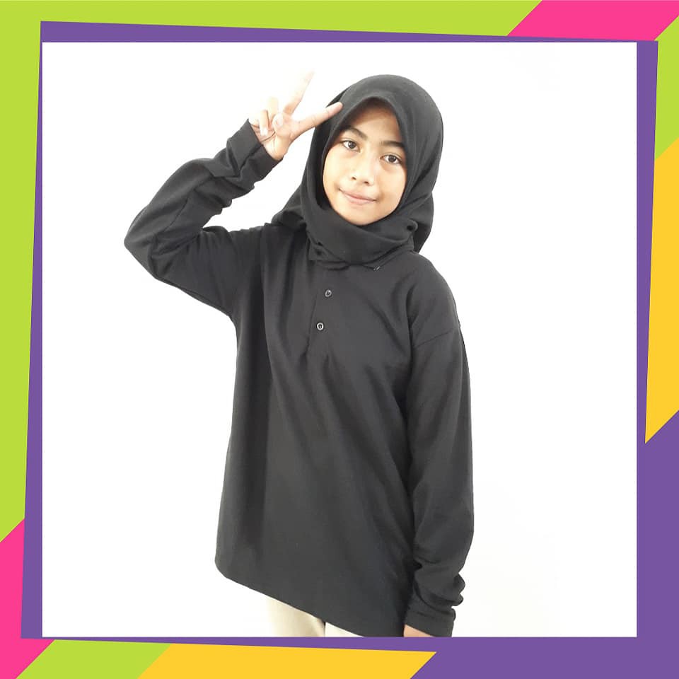 Polo PANJANG Anak HITAM polos / polo panjang Hijab/ kaos kerah remaja ALLSIZE / winstar polos /KAOS 