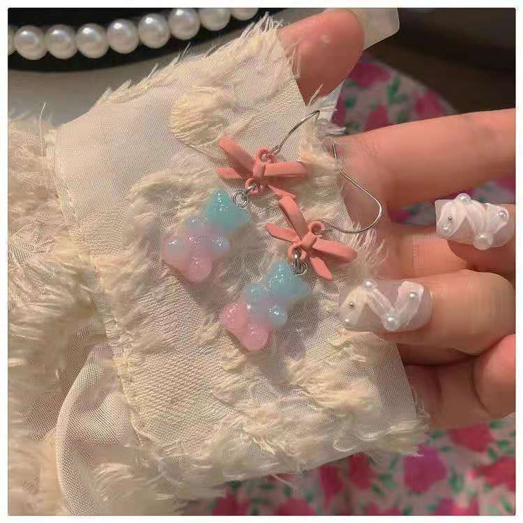 Buatan tangan ~ warna gradien bear anting-anting pink biru lembut gadis gaya Jepang kotak-kotak busu