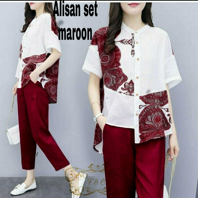 2 UKURAN L XL SET ALISAN FASHION PAKAIAN WANITA ATASAN DAN CELANA BAHAN BABYTERRY FEHM