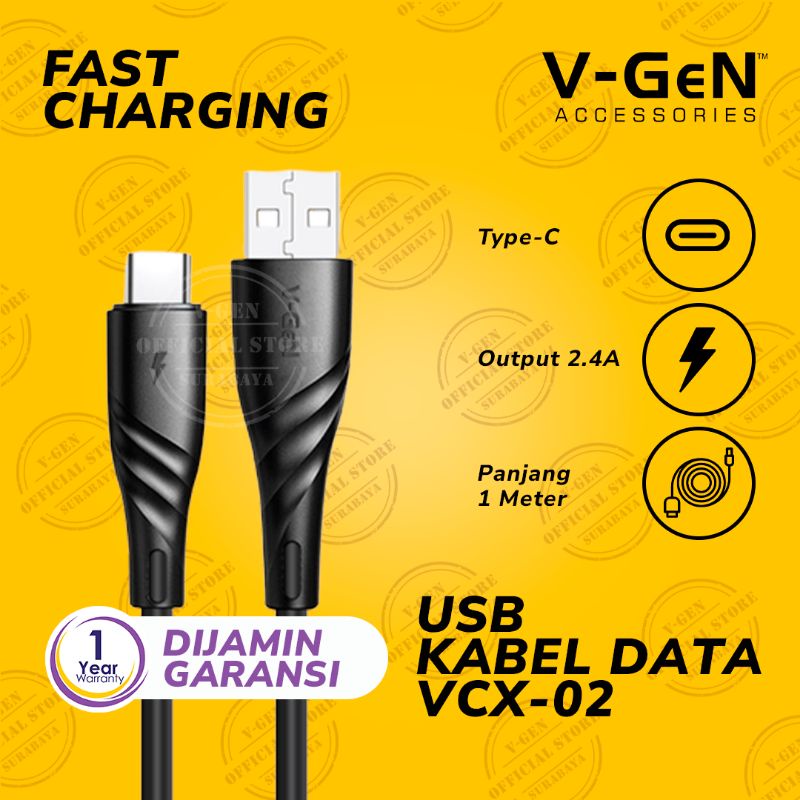 Kabel Data USB Type C V-GeN VCX-02 Fast Charging 2.4A 1 Meter VGEN