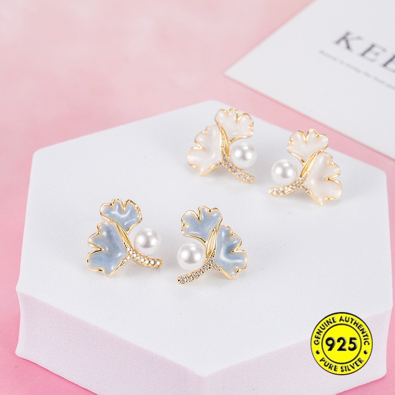 Anting Tusuk Sterling Silver 925 Lapis Emas 18K Desain Daun Ginkgo Hias Mutiara + Berlian Untuk Wanita